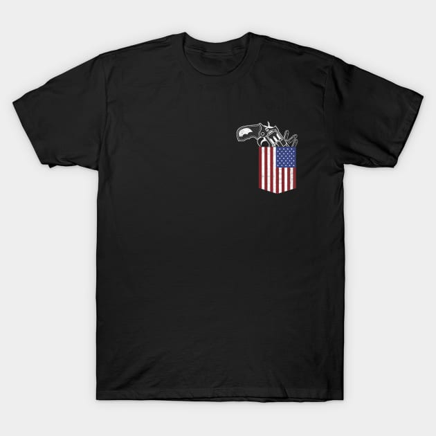 Gun in American Flag Pocket Funny T-Shirt by Kelleh Co. 